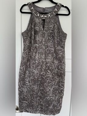 Embroidered Floral Sheath Dress in Charcoal Gray